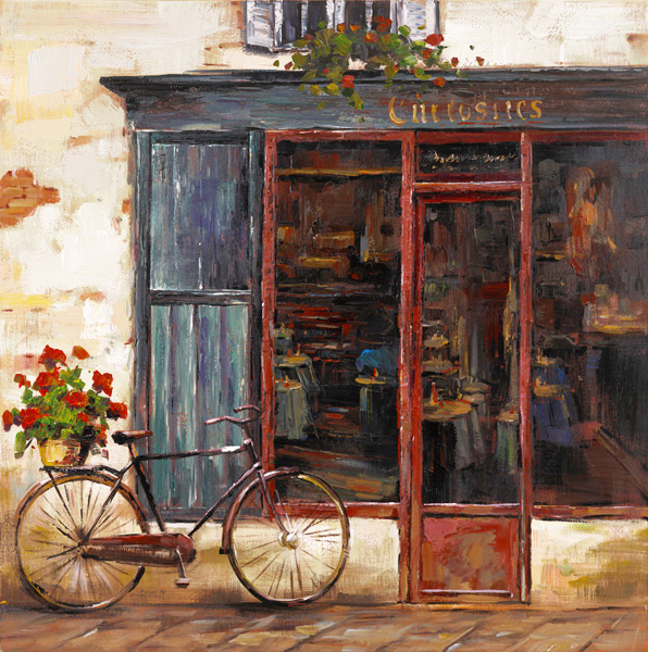 PXYW515 Wall décor art oil on canvas street scene parked bicycle blue brown tones